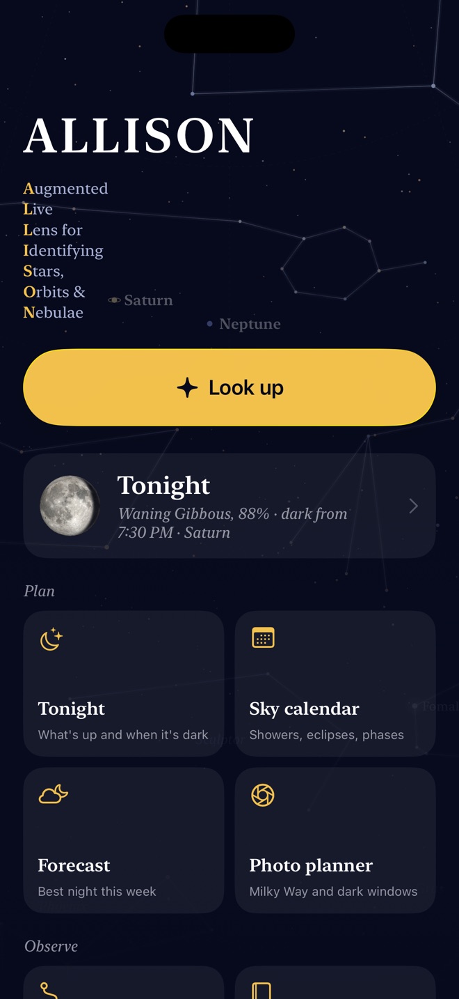 ALLISON home screen: the wordmark and acronym, a gold Look up button, Tonight, and tiles for the sky calendar, forecast and photo planner
