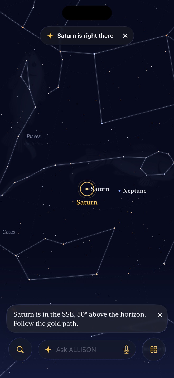 Find mode: Saturn circled in gold among Pisces and Cetus, with ALLISON's answer “Saturn is in the SSE, 50° above the horizon. Follow the gold path.”