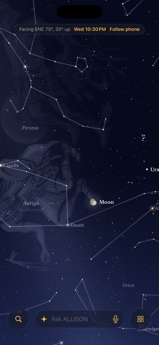The sky view facing east-north-east: Perseus and Auriga drawn as silver figures over their classic illustrations, with the Moon and Capella