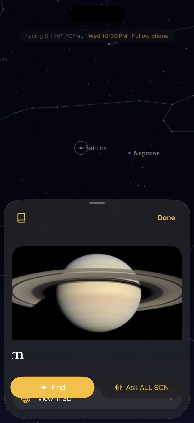 Saturn selected: a card with a photo of Saturn and buttons for Find and Ask ALLISON