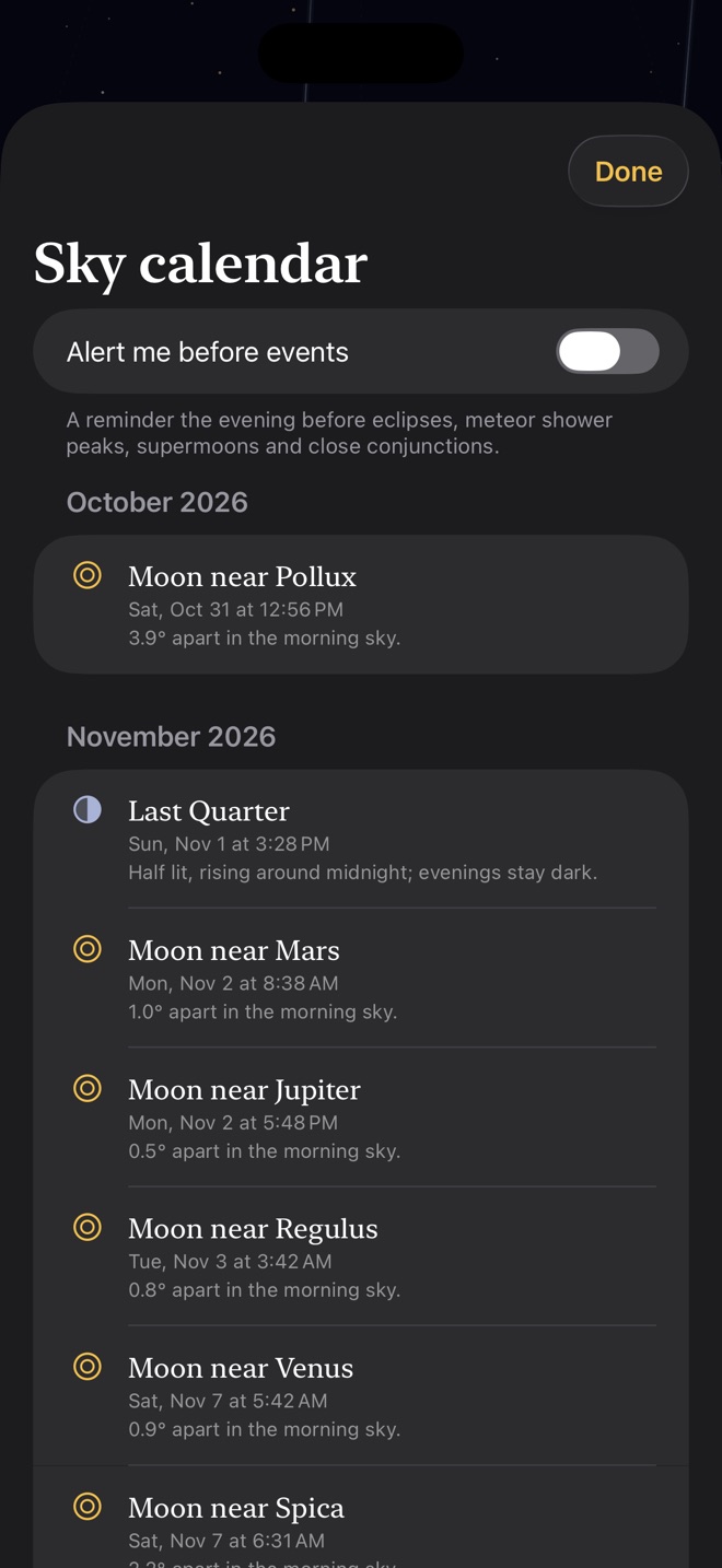 The sky calendar: an alert toggle, then events such as Moon near Pollux, Last Quarter, Moon near Mars, Jupiter, Regulus, Venus and Spica